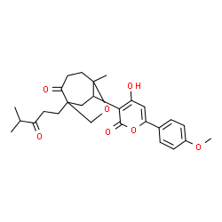 ChemSpider 2D Image | 9-[4-Hydroxy-6-(4-methoxyphenyl)-2-oxo-2H-pyran-3-yl]-5-methyl-1-(4-methyl-3-oxopentyl)-6-oxabicyclo[3.2.2]nonan-2-one | C27H32O7