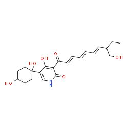 ChemSpider 2D Image | 5-(1,4-Dihydroxycyclohexyl)-4-hydroxy-3-[(2E,4E,6E)-8-(hydroxymethyl)-2,4,6-decatrienoyl]-2(1H)-pyridinone | C22H29NO6