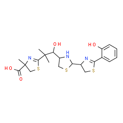 ChemSpider 2D Image | 2-(1-Hydroxy-1-{2-[2-(2-hydroxyphenyl)-4,5-dihydro-1,3-thiazol-4-yl]-1,3-thiazolidin-4-yl}-2-methyl-2-propanyl)-4-methyl-4,5-dihydro-1,3-thiazole-4-carboxylic acid | C21H27N3O4S3