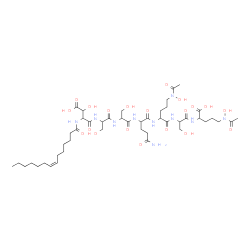 ChemSpider 2D Image | 3-Hydroxy-N-[(7Z)-7-tetradecenoyl]-alpha-aspartylserylserylglutaminyl-N~5~-acetyl-N~5~-hydroxyornithylseryl-N~5~-acetyl-N~5~-hydroxyornithine | C46H78N10O20