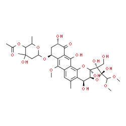 ChemSpider 2D Image | (1S,2R,3aS,4S,8S,10S,13aR)-2-(Dimethoxymethyl)-1,2,4,10,12,13a-hexahydroxy-1-(hydroxymethyl)-7-methoxy-5-methyl-11-oxo-1,3a,4,8,9,10,11,13a-octahydro-2H-furo[3,2-b]naphtho[2,3-h]chromen-8-yl 4-O-acety
l-2,6-dideoxy-3-C-methylhexopyranoside | C34H44O18
