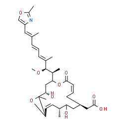 ChemSpider 2D Image | {(2S,7Z,10R,13R,14Z,16R)-2,12-Dihydroxy-4-[(2S,3R,4E,6E,8E)-3-methoxy-4,8-dimethyl-9-(2-methyl-1,3-oxazol-4-yl)-4,6,8-nonatrien-2-yl]-1,13-dimethyl-6-oxo-5,17-dioxabicyclo[14.1.0]heptadeca-7,14-dien-1
0-yl}acetic acid | C35H49NO9