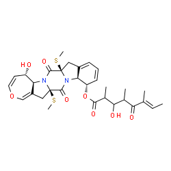 ChemSpider 2D Image | (5S,5aS,7aR,12S,12aS,14aR)-5-Hydroxy-7a,14a-bis(methylsulfanyl)-7,14-dioxo-5,5a,7a,8,12,12a,14a,15-octahydro-7H,14H-oxepino[3'',4'':4',5']pyrrolo[1',2':4,5]pyrazino[1,2-a]indol-12-yl (6E)-3-hydroxy-2,
4,6-trimethyl-5-oxo-6-octenoate | C31H38N2O8S2