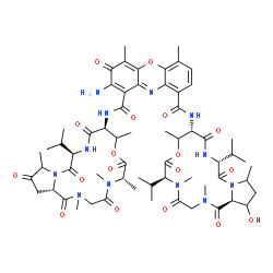 ChemSpider 2D Image | 2-Amino-N~9~-[(6S,10S,13R,18aS)-18-hydroxy-6,13-diisopropyl-2,5,9,16-tetramethyl-1,4,7,11,14-pentaoxohexadecahydro-1H-pyrrolo[2,1-i][1,4,7,10,13]oxatetraazacyclohexadecin-10-yl]-N~1~-[(6S,10S,13R,18aS
)-13-isopropyl-2,5,6,9,16-pentamethyl-1,4,7,11,14,17-hexaoxohexadecahydro-1H-pyrrolo[2,1-i][1,4,7,10,13]oxatetraazacyclohexadecin-10-yl]-4,6-dimethyl-3-oxo-3H-phenoxazine-1,9-dicarboxamide | C62H84N12O18