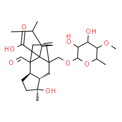 ChemSpider 2D Image | (4S,5S,8R)-2-{[(6-Deoxy-4-O-methylhexopyranosyl)oxy]methyl}-9-formyl-5-hydroxy-13-isopropyl-5-methyltetracyclo[7.4.0.0~2,11~.0~4,8~]tridec-12-ene-1-carboxylic acid | C27H40O9