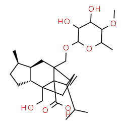ChemSpider 2D Image | (4R,5R,8R)-2-{[(6-Deoxy-4-O-methylhexopyranosyl)oxy]methyl}-9-(hydroxymethyl)-13-isopropyl-5-methyltetracyclo[7.4.0.0~2,11~.0~4,8~]tridec-12-ene-1-carboxylic acid | C27H42O8
