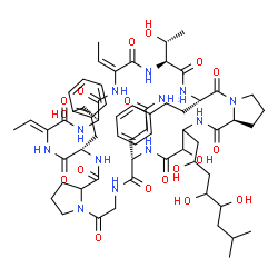 ChemSpider 2D Image | 3-[(6S,9S,12E,15S,18Z,21S,32S,38aS)-21-Benzyl-12,18-diethylidene-35-hydroxy-9-[(1R)-1-hydroxyethyl]-15-(hydroxymethyl)-5,8,11,14,17,20,23,28,31,34,38-undecaoxo-6-(2-phenylethyl)-36-(2,4,5-trihydroxy-7
-methyloctyl)hexatriacontahydro-1H,5H-dipyrrolo[2,1-c:2',1'-x][1,4,7,10,13,16,19,22,25,28,31]undecaazacyclotetratriacontin-32-yl]propanamide | C63H90N12O18