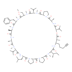 ChemSpider 2D Image | (6S,9S,12S,15R,18S,24S,26aS,32S,35S,42S,44aS,49aS)-18-Benzyl-42-[(2S)-2-butanyl]-6-isobutyl-9,24,35-triisopropyl-21-(methoxymethyl)-10,12,15,16,19,22,25,32,38,43-decamethyl-39-(4-pentyn-1-yl)triaconta
hydro-1H,31H-tripyrrolo[1,2-g:1',2'-e_1_:1'',2''-h_1_][1,4,7,10,13,16,19,22,25,28,31,34,37,40]oxatridecaazacyclotritetracontine-5,8,11,14,17,20,23,26,31,34,37,41,44,49(35H,38H,49aH)-tetradecone | C79H125N13O16