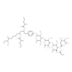 ChemSpider 2D Image | 1-(4-{[2,6-Dideoxy-4-O-methyl-beta-D-glycero-hexopyranosyl-(1->3)-6-deoxy-2-O-methyl-4-O-propionyl-beta-L-glycero-hexopyranosyl-(1->3)-6-deoxy-2-O-methyl-alpha-D-glycero-hexopyranosyl-(1->3)-6-deoxy-2
,4-di-O-methyl-alpha-D-glycero-hexopyranosyl]oxy}phenyl)-10-methoxy-9-methyl-2,4-dodecanediyl bis(2-methylpentanoate) | C64H108O22