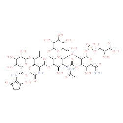 ChemSpider 2D Image | (2R)-3-{[{[(4S)-3-{[(4R)-3-Acetamido-5-{[(4R)-3-acetamido-4-hydroxy-6-methyl-5-({(2R,5R)-3,4,5-trihydroxy-6-[(2-hydroxy-5-oxo-1-cyclopenten-1-yl)carbamoyl]tetrahydro-2H-pyran-2-yl}oxy)tetrahydro-2H-py
ran-2-yl]oxy}-4-hydroxy-6-({[3,4,5-trihydroxy-6-(hydroxymethyl)tetrahydro-2H-pyran-2-yl]oxy}methyl)tetrahydro-2H-pyran-2-yl]oxy}-6-carbamoyl-4-(carbamoyloxy)-5-hydroxytetrahydro-2H-pyran-2-yl]oxy}(hyd
roxy)phosphoryl]oxy}-2-hydroxypropanoic acid (non-preferred name) | C43H66N5O34P