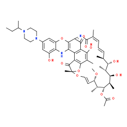 ChemSpider 2D Image | (7S,9E,11S,12R,13S,14R,15R,16R,17S,18S,19E,21Z)-30-(4-sec-Butyl-1-piperazinyl)-2,15,17,32-tetrahydroxy-11-methoxy-3,7,12,14,16,18,22-heptamethyl-6,23,37-trioxo-8,27,38-trioxa-24,34-diazahexacyclo[23.1
1.1.1~4,7~.0~5,36~.0~26,35~.0~28,33~]octatriaconta-1(36),2,4,9,19,21,24,26(35),28,30,32-undecaen-13-yl acetate | C51H64N4O13