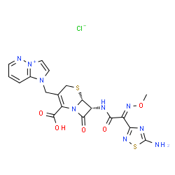 ChemSpider 2D Image | 1-{[(6R,7R)-7-{[(2E)-2-(5-Amino-1,2,4-thiadiazol-3-yl)-2-(methoxyimino)acetyl]amino}-2-carboxy-8-oxo-5-thia-1-azabicyclo[4.2.0]oct-2-en-3-yl]methyl}-1H-imidazo[1,2-b]pyridazin-4-ium chloride | C19H18ClN9O5S2