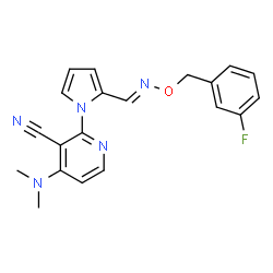 ChemSpider 2D Image | 4-(Dimethylamino)-2-{2-[(E)-{[(3-fluorobenzyl)oxy]imino}methyl]-1H-pyrrol-1-yl}nicotinonitrile | C20H18FN5O