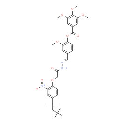 ChemSpider 2D Image | 2-Methoxy-4-[(E)-({[2-nitro-4-(2,4,4-trimethyl-2-pentanyl)phenoxy]acetyl}hydrazono)methyl]phenyl 3,4,5-trimethoxybenzoate | C34H41N3O10