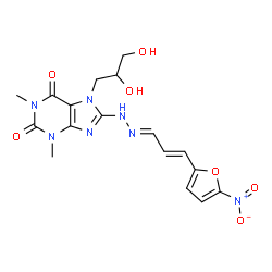 ChemSpider 2D Image | 7-(2,3-Dihydroxypropyl)-1,3-dimethyl-8-{(2E)-2-[(2E)-3-(5-nitro-2-furyl)-2-propen-1-ylidene]hydrazino}-3,7-dihydro-1H-purine-2,6-dione | C17H19N7O7