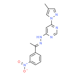 ChemSpider 2D Image | 4-(4-Methyl-1H-pyrazol-1-yl)-6-{(2E)-2-[1-(3-nitrophenyl)ethylidene]hydrazino}pyrimidine | C16H15N7O2