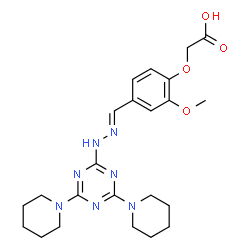 ChemSpider 2D Image | {4-[(E)-{[4,6-Di(1-piperidinyl)-1,3,5-triazin-2-yl]hydrazono}methyl]-2-methoxyphenoxy}acetic acid | C23H31N7O4