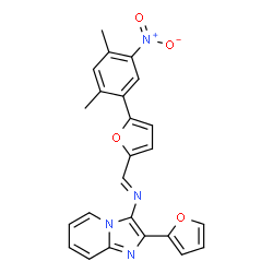 ChemSpider 2D Image | N-{(E)-[5-(2,4-Dimethyl-5-nitrophenyl)-2-furyl]methylene}-2-(2-furyl)imidazo[1,2-a]pyridin-3-amine | C24H18N4O4