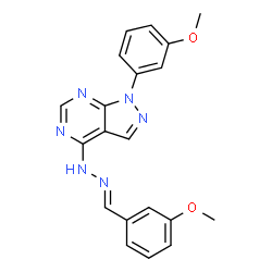 ChemSpider 2D Image | 4-[(2E)-2-(3-Methoxybenzylidene)hydrazino]-1-(3-methoxyphenyl)-1H-pyrazolo[3,4-d]pyrimidine | C20H18N6O2