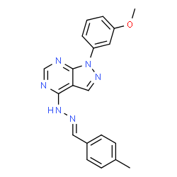 ChemSpider 2D Image | 1-(3-Methoxyphenyl)-4-[(2E)-2-(4-methylbenzylidene)hydrazino]-1H-pyrazolo[3,4-d]pyrimidine | C20H18N6O