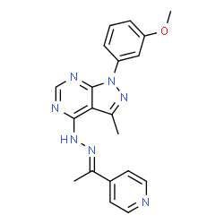 ChemSpider 2D Image | 1-(3-Methoxyphenyl)-3-methyl-4-{(2E)-2-[1-(4-pyridinyl)ethylidene]hydrazino}-1H-pyrazolo[3,4-d]pyrimidine | C20H19N7O