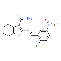 ChemSpider 2D Image | 2-[(E)-(2-Chloro-5-nitrobenzylidene)amino]-4,5,6,7-tetrahydro-1-benzothiophene-3-carboxamide | C16H14ClN3O3S