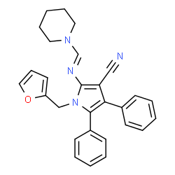 ChemSpider 2D Image | 1-(2-Furylmethyl)-4,5-diphenyl-2-[(E)-(1-piperidinylmethylene)amino]-1H-pyrrole-3-carbonitrile | C28H26N4O