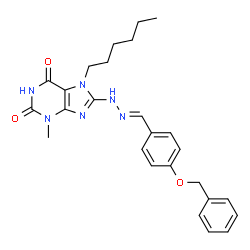 ChemSpider 2D Image | 8-{(2E)-2-[4-(Benzyloxy)benzylidene]hydrazino}-7-hexyl-3-methyl-3,7-dihydro-1H-purine-2,6-dione | C26H30N6O3