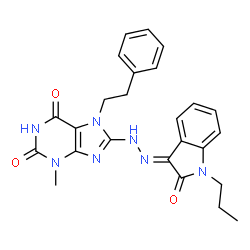 ChemSpider 2D Image | 1H-indole-2,3-dione, 1-propyl-, 3-[2-[3,7-dihydro-6-hydroxy-3-methyl-2-oxo-7-(2-phenylethyl)-2H-purin-8-yl]hydrazone], (3E)- | C25H25N7O3