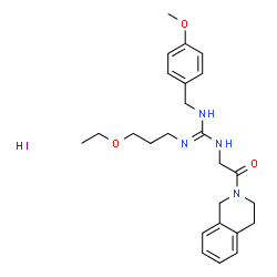 ChemSpider 2D Image | 1-[2-(3,4-Dihydro-2(1H)-isoquinolinyl)-2-oxoethyl]-2-(3-ethoxypropyl)-3-(4-methoxybenzyl)guanidine hydroiodide (1:1) | C25H35IN4O3