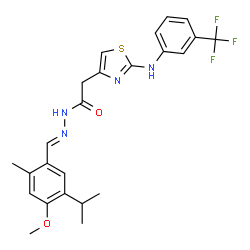 ChemSpider 2D Image | N'-[(E)-(5-Isopropyl-4-methoxy-2-methylphenyl)methylene]-2-(2-{[3-(trifluoromethyl)phenyl]amino}-1,3-thiazol-4-yl)acetohydrazide | C24H25F3N4O2S