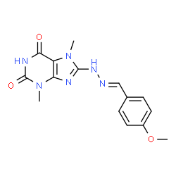 ChemSpider 2D Image | 8-[(2E)-2-(4-Methoxybenzylidene)hydrazino]-3,7-dimethyl-3,7-dihydro-1H-purine-2,6-dione | C15H16N6O3