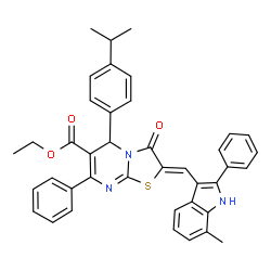 ChemSpider 2D Image | Ethyl (2Z)-5-(4-isopropylphenyl)-2-[(7-methyl-2-phenyl-1H-indol-3-yl)methylene]-3-oxo-7-phenyl-2,3-dihydro-5H-[1,3]thiazolo[3,2-a]pyrimidine-6-carboxylate | C40H35N3O3S