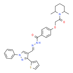 ChemSpider 2D Image | 4-[2-(2,6-Dimethyl-1-piperidinyl)-2-oxoethoxy]-N'-{(E)-[1-phenyl-3-(2-thienyl)-1H-pyrazol-4-yl]methylene}benzohydrazide | C30H31N5O3S