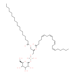 ChemSpider 2D Image | 1-O-{Hydroxy[(2R)-2-[(5Z,8Z,11Z,14Z)-5,8,11,14-icosatetraenoyloxy]-3-(stearoyloxy)propoxy]phosphoryl}-beta-D-erythro-hexopyranose | C47H83O13P