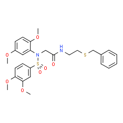 ChemSpider 2D Image | N-[2-(Benzylsulfanyl)ethyl]-N~2~-(2,5-dimethoxyphenyl)-N~2~-[(3,4-dimethoxyphenyl)sulfonyl]glycinamide | C27H32N2O7S2