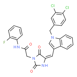 ChemSpider 2D Image | 2-[(4E)-4-{[1-(3,4-Dichlorobenzyl)-1H-indol-3-yl]methylene}-2,5-dioxo-1-imidazolidinyl]-N-(2-fluorophenyl)acetamide | C27H19Cl2FN4O3