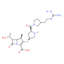 ChemSpider 2D Image | (4R)-3-({(3S,5S)-5-[(3-{2-[(Diaminomethylene)amino]ethyl}-1-pyrrolidinyl)carbonyl]-1-methyl-3-pyrrolidinyl}sulfanyl)-6-[(1R)-1-hydroxyethyl]-4-methyl-7-oxo-1-azabicyclo[3.2.0]hept-2-ene-2-carboxylic a
cid | C23H36N6O5S