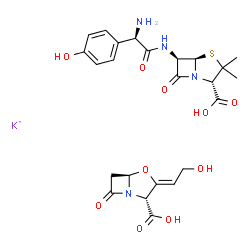 ChemSpider 2D Image | (2S,5R,6R)-6-[[(2R)-2-amino-2-(4-hydroxyphenyl)acetyl]amino]-3,3-dimethyl-7-oxo-4-thia-1-azabicyclo[3.2.0]heptane-2-carboxylic acid; (2R,3Z,5R)-3-(2-hydroxyethylidene)-7-oxo-4-oxa-1-azabicyclo[3.2.0]heptane-2-carboxylic acid; potassium | C24H28KN4O10S