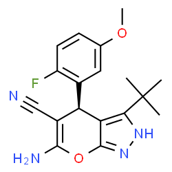 ChemSpider 2D Image | (4R)-6-Amino-4-(2-fluoro-5-methoxyphenyl)-3-(2-methyl-2-propanyl)-2,4-dihydropyrano[2,3-c]pyrazole-5-carbonitrile | C18H19FN4O2
