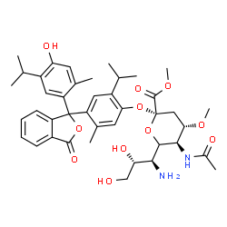 ChemSpider 2D Image | 4-[1-(4-Hydroxy-5-isopropyl-2-methylphenyl)-3-oxo-1,3-dihydro-2-benzofuran-1-yl]-2-isopropyl-5-methylphenyl methyl 5-acetamido-6-[(1S,2R)-1-amino-2,3-dihydroxypropyl]-3,5-dideoxy-4-O-methyl-beta-L-thr
eo-hex-2-ulopyranosidonate | C41H52N2O11