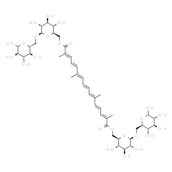 ChemSpider 2D Image | Bis{[(2R,3S,4S,5R,6R)-3,4,5-trihydroxy-6-{[(2R,3S,4S,5R)-3,4,5,6-tetrahydroxytetrahydro-2H-pyran-2-yl]methoxy}tetrahydro-2H-pyran-2-yl]methyl} (2E,4E,6E,8E,10E,12E,14E)-2,6,11,15-tetramethyl-2,4,6,8,1
0,12,14-hexadecaheptaenedioate | C44H64O24
