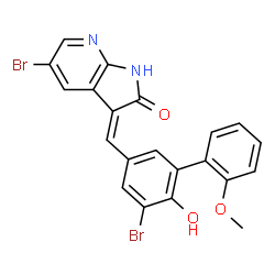 ChemSpider 2D Image | (3Z)-5-Bromo-3-[(5-bromo-6-hydroxy-2'-methoxy-3-biphenylyl)methylene]-1,3-dihydro-2H-pyrrolo[2,3-b]pyridin-2-one | C21H14Br2N2O3