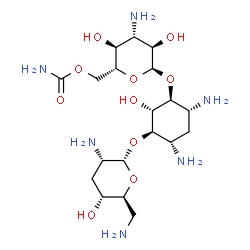 ChemSpider 2D Image | (1S,2S,3R,4S,6R)-4,6-Diamino-3-[(2,6-diamino-2,3,6-trideoxy-alpha-L-ribo-hexopyranosyl)oxy]-2-hydroxycyclohexyl 3-amino-6-O-carbamoyl-3-deoxy-alpha-D-glucopyranoside | C19H38N6O10