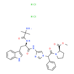 ChemSpider 2D Image | 2-Methylalanyl-N-(1-{2-[(2R)-2-(methoxycarbonyl)-1-pyrrolidinyl]-2-oxo-1-phenylethyl}-1H-imidazol-4-yl)-D-tryptophanamide dihydrochloride | C32H39Cl2N7O5