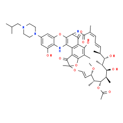 ChemSpider 2D Image | (9E,11S,12R,13S,14R,15R,16R,17S,18S,19E,21Z)-2,15,17,32-Tetrahydroxy-30-(4-isobutyl-1-piperazinyl)-11-methoxy-3,7,12,14,16,18,22-heptamethyl-6,23,37-trioxo-8,27,38-trioxa-24,34-diazahexacyclo[23.11.1.
1~4,7~.0~5,36~.0~26,35~.0~28,33~]octatriaconta-1(36),2,4,9,19,21,24,26(35),28,30,32-undecaen-13-yl acetate | C51H64N4O13