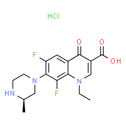 ChemSpider 2D Image | 1-Ethyl-6,8-difluoro-7-[(3R)-3-methyl-1-piperazinyl]-4-oxo-1,4-dihydro-3-quinolinecarboxylic acid hydrochloride (1:1) | C17H20ClF2N3O3