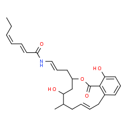 ChemSpider 2D Image | (2E,4Z)-N-{(1E)-3-[(8E)-5,14-Dihydroxy-6-methyl-1-oxo-3,4,5,6,7,10-hexahydro-1H-2-benzoxacyclododecin-3-yl]-1-propen-1-yl}-2,4-heptadienamide | C26H33NO5