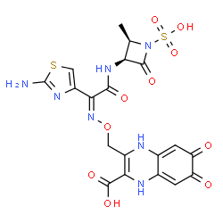 ChemSpider 2D Image | 3-[({(Z)-[1-(2-Amino-1,3-thiazol-4-yl)-2-{[(2R,3S)-2-methyl-4-oxo-1-sulfo-3-azetidinyl]amino}-2-oxoethylidene]amino}oxy)methyl]-6,7-dioxo-1,4,6,7-tetrahydro-2-quinoxalinecarboxylic acid | C19H17N7O10S2