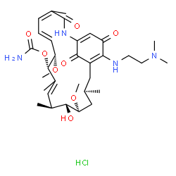 ChemSpider 2D Image | (8S,9S,12S,13R,14S,16R)-19-{[2-(Dimethylamino)ethyl]amino}-13-hydroxy-8,14-dimethoxy-4,10,12,16-tetramethyl-3,20,22-trioxo-2-azabicyclo[16.3.1]docosa-1(21),4,6,10,18-pentaen-9-yl carbamate hydrochlori
de (1:1) | C32H49ClN4O8